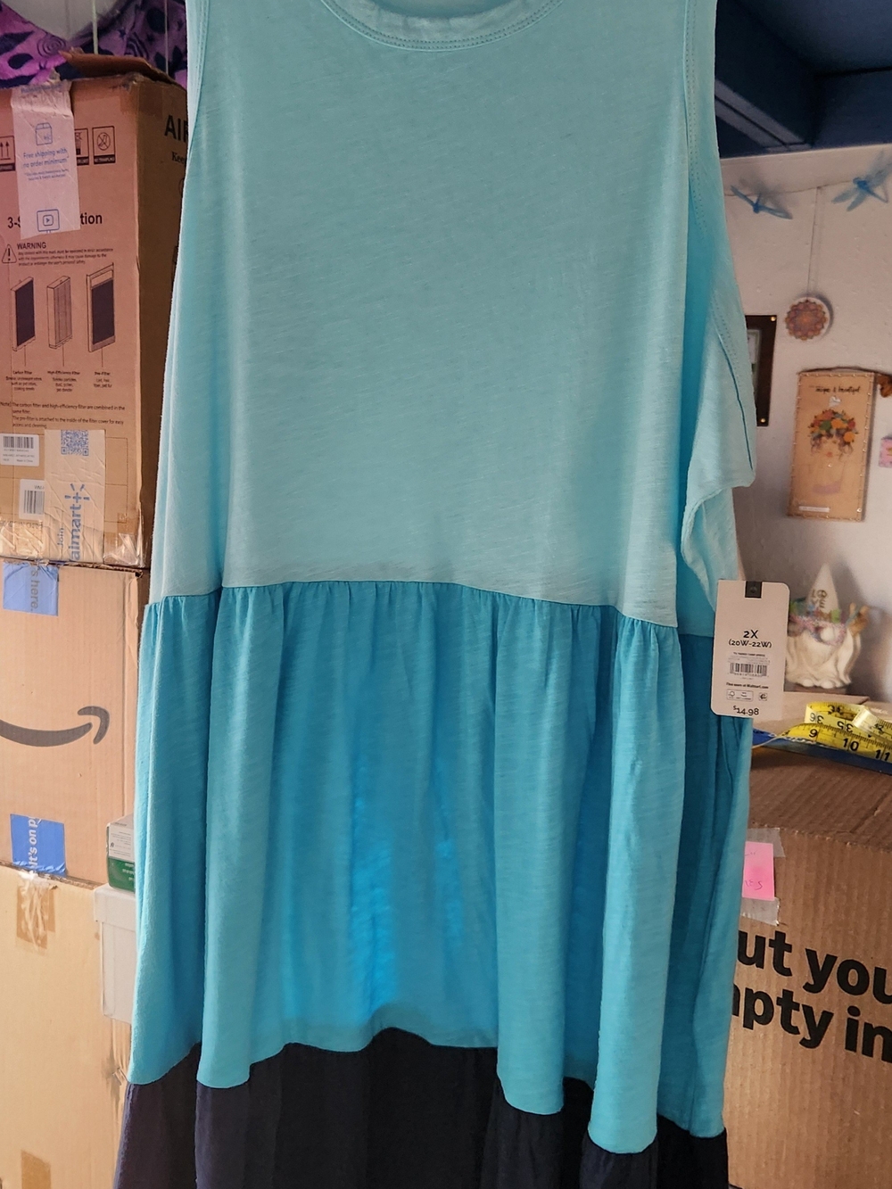 Terra & Sky Tiered Tank Dress 2X Aqua Springs Color Block NEW WITH TAGS